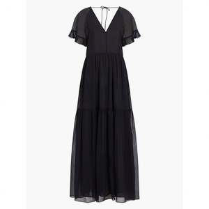Robe longue en mousseline de soie à manches courtes, transparente, col en V, dos lacé - Product Image 1