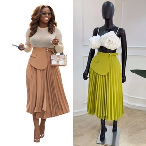 ZHEZHE femmes été nouvelle mode taille haute Design sens une ligne plissée <span class=keywords><strong>mi</strong></span>-<span class=keywords><strong>longue</strong></span> <span class=keywords><strong>jupe</strong></span> mode femmes carrière robe - Product Image 1