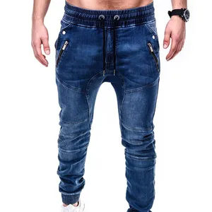 custom design slim man denim pants middle waist zipper pockets drawstring ankle banded jogger men jeans skinny