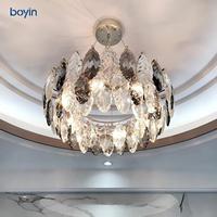 Lustre en cristal K9 élégant, simple et moderne, avec pampilles en verre en forme de feuille, pour villa, salon, hôtel, salle à manger, chambre à coucher