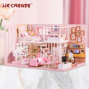Rumah Boneka Kayu Miniatur Apartemen Dupleks Merah Muda 3D dengan Lampu