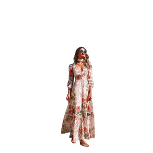 Romantic Floral Print Deep V-neck <strong>Dress</strong> Long Sleeve Big Hem <strong>Maxi</strong> Chiffon <strong>Dress</strong> - Product Image 5