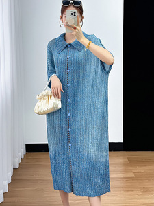 Robe d'été plissée Miyake pour femme, couleur unie bleu <span class=keywords><strong>jean</strong></span>, manches courtes, col polo boutonné, Vestido - Product Image 6