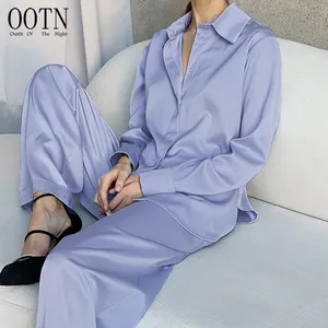 OOTN Loose Casual Solid Ladies Trousers Set Wear Spring Brown Long Sleeve 2 Piece Top And Pants Women Sets Blue Satin Home Suit