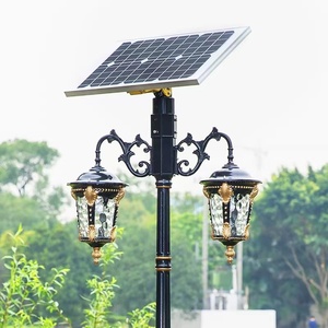 <b>Solar</b> Powered Garden <b>Light</b> <b>Post</b> Dual Glass Shades 2700K Warm White LED Bronze Finish IP66 Motion Sensor Iron Construction - Product Image 3