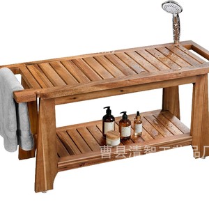 Qingzhi Teak Bathroom Stool Solid Wood Double Layer <b>Storage</b> <b>Shower</b> Bench With Towel <b>Rack</b> Poolside Use - Product Image 5