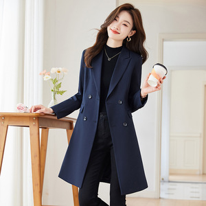 Women's Mid Length Blazer Navy Blue Trench Coat Solid Color Polyester Woven Comfortable Autumn Style - Product Image 1