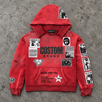 Sweat à capuche pour homme en French Terry 450 g/m² avec strass, effet délavé soleil, délavé boue, coupe ample, effet usé, style streetwear, rouge personnalisé, sur mesure