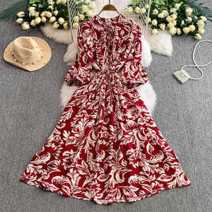 Vestido de mujer nuevo con cuello redondo, manga farol, cintura con cordones, efecto adelgazante, plisado y falda larga en línea A - Product Image 2