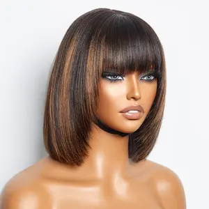 Highlight Brown Light Yaki Straight Bob 13X4 Lace Front Wigs with Bangs, 99J Natural Black Human Hair Wig with Fringe