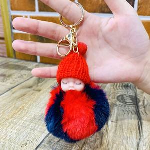 Porte-clés pendentif en peluche pompon mignon et moelleux, en forme de poupée bébé endormie colorée, avec boule de poils, jouet pour sac - Product Image 4