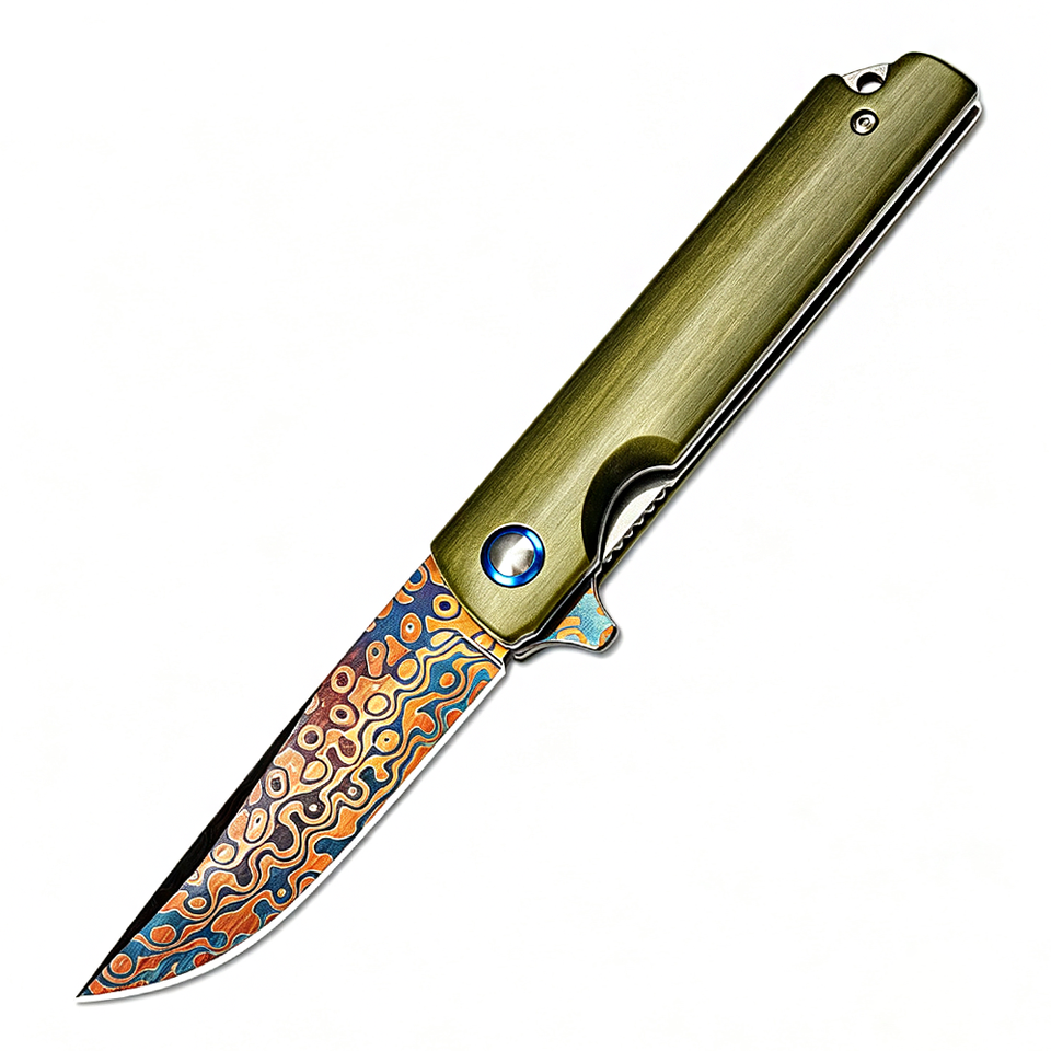 Blue Camping Box Heat-Blue Damascus Steel Folding Pocket Knife with Brushed Aerospace ...