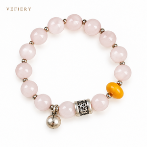 Pulsera Elástica de Cuentas Redondas de Cuarzo Rosa Natural con Detalle de Ámbar y Dije en Tono Plateado para Mujer, Joyería al por Mayor - Product Image 1