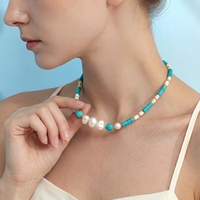 2026 Natural Turquoise Beaded Choker Handmade Heishi Freshwater Baroque Pearl Aquamarine 18K Gold Plated Stainless Steel Women's