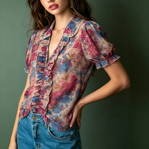Blus Wanita Grosir Romantis Retro Chiffon Bermotif Bunga dengan Lengan Puff Ruffle Elegan OEM MOQ Rendah - Product Image 2