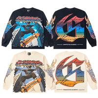T-shirt décontracté à manches longues et col en V, coupe ample, anti-plis, en pur coton, imprimé Hip Hop rétro d'inspiration américaine, pour le commerce transfrontalier