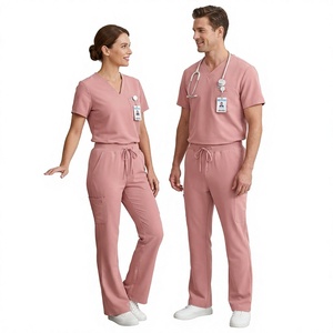 Conjunto de Uniforme Médico Rosa para Mujer, Top con Cuello en V y Bolsillos, Pantalones con Cordón, Mezcla de Algodón, Tejido de Punto - Product Image 1
