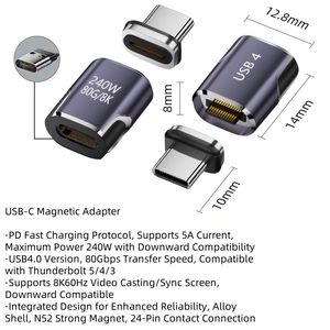 Adaptateur magnétique USB-C en alliage d'aluminium 240W, mâle-femelle, transfert de données plus rapide 80 Gbit/s, connecteur de sortie CA/CC pour <span class=keywords><strong>PC</strong></span> <span class=keywords><strong>portable</strong></span>, vente en gros - Product Image 1