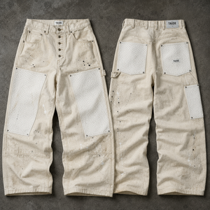 Pantaloni da carpentiere larghi TaiDe certificati GRS, colore <span class=keywords><strong>ecru</strong></span>, con schizzi di vernice, inserti in rete, chiusura a bottoni, logo personalizzato, OEM ODM, all'ingrosso, da uomo - Product Image 1