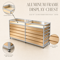 Vitrine de présentation en bois avec cadre en aluminium et dessus en verre, sur roulettes, pour magasin de détail, fabrication sur mesure