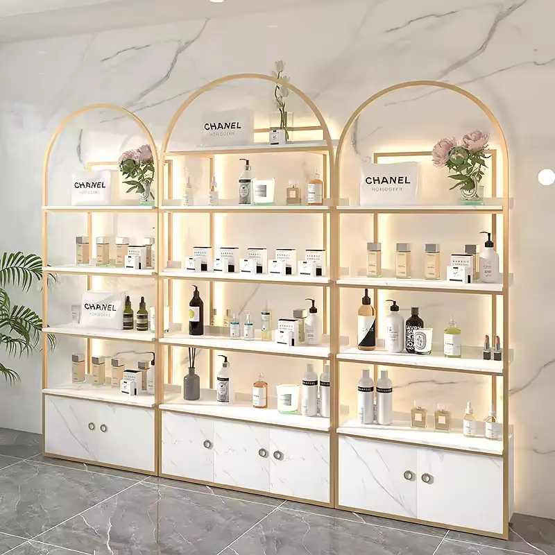 Salon Planken Cosmetische Displaystandaard Met Kast En Licht Etalage Cosmetische Plank Display Rack