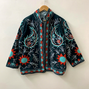 Handcrafted <b>Women</b> Floral Embroidered Dark Green Velvet <b>Jacket</b> Suzani Paisley Motif Front Open Short Coat Boho Cardigan Outerwear - Product Image 1
