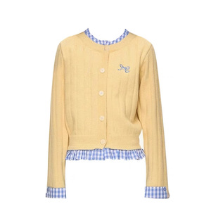 Cardigan en tricot pour femme Dalang, coupe ajustée, patchwork à carreaux, couleurs contrastées, pull printemps-automne anti-boulochage - Product Image 1