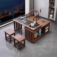 Table à thé en bois massif de style chinois : Ensemble de thé compact et portable pour balcon avec bouilloire intégrée, table et chaises en bois d'hévéa