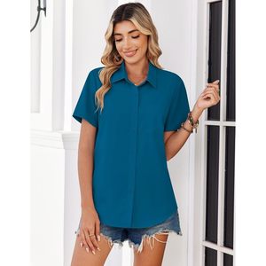 Women Blouses Short Sleeve Button Down Shirt Poplin Fabric Work Business Casual Spring Summer <b>Top</b> - Product Image 5