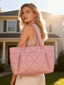 High-end Large Quilted Waterproof Girls <b>Tote</b> Shoulder Bag Two Straps Zipper Closure Durable Reusable <b>Nylon</b> Portable Adjustable - Product Image 2