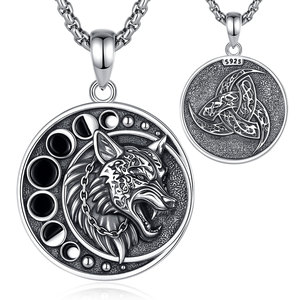 Merryshine in argento Sterling 925 fase lunare nordico lupo celtico e luna uomini Witcher vichella testa di lupo collana pendente per gli uomini - Product Image 1
