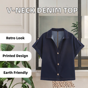 Haut en denim respirant et écologique à manches courtes et col en V, style vintage européen et américain, collection automne-été 2025 pour femme - Product Image 2
