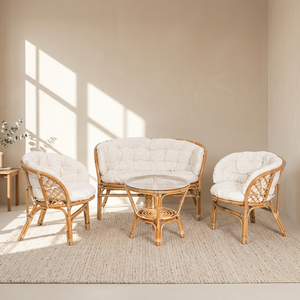 Ensemble de salon modulaire en rotin avec coussins capitonnés, canapé et fauteuils de design asiatique, table basse, mobilier moderne pour l'extérieur et la maison - Product Image 3