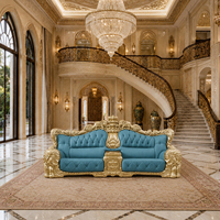 Ensemble de canapés Majlis arabes de luxe, canapé en cuir en bois massif doré sculpté à la main avec table basse en marbre pour villa et palais