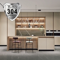 Meuble de cuisine moderne sans poignée en acier inoxydable 304 pour intérieur, îlot de bar personnalisé, étanche et sans formaldéhyde