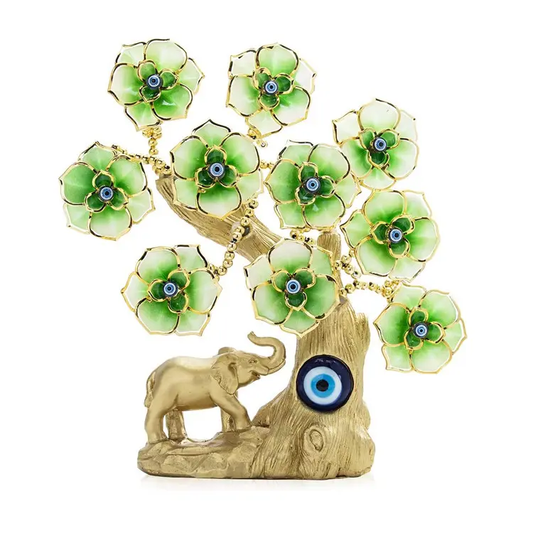 Turkish Blue Evil Eye Gold Fortune Tree with Elephant Figurine and Green Flowers for Home Decor