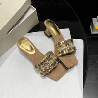 Sandales habillées d'été pour femmes, à talon carré ouvert de 4,5 cm, antidérapantes, avec strass scintillants, semelle TPR, fabriquées en Chine