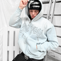 Sweat à capuche zippé personnalisé avec logo brodé vintage délavé, en mélange de coton écologique, coupe ample, style streetwear