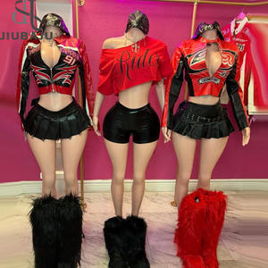 Y2K เสื้อแจ็กเก็ต + กระโปรงสั้นพิมพ์ลายตัวอักษรชุด2ชิ้นซิปบล็อกสีสำหรับผู้หญิง - Product Image 1