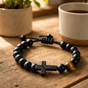 Pulsera <span class=keywords><strong>de</strong></span> Cruz <span class=keywords><strong>para</strong></span> <span class=keywords><strong>Hombre</strong></span>, Cruz con Bandera Americana y Grabado <span class=keywords><strong>de</strong></span> Josué 1:9, Cuentas Negras con Piedra Ojo <span class=keywords><strong>de</strong></span> Tigre, Regalo <span class=keywords><strong>de</strong></span> Joyería Cristiana - Product Image 4