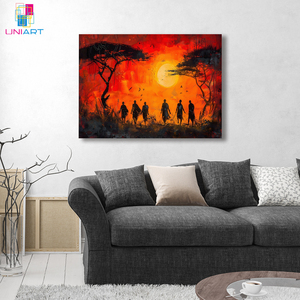 Impresión en Lienzo de Arte Africano UNIART, Pintura al Óleo de Atardecer en la Savana, Arte Tribal Africano, Impresión Moderna en Lienzo para Decoración de Hogar y Oficina - Product Image 6