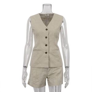 Gilet senza maniche da <span class=keywords><strong>donna</strong></span> in cotone di <span class=keywords><strong>lino</strong></span> e due pezzi completo pantaloncini stile Casual <span class=keywords><strong>abbigliamento</strong></span> estivo largo - Product Image 4