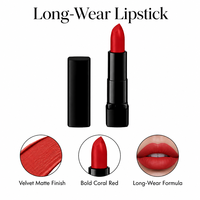 Rouge à lèvres longue tenue personnalisé avec logo OEM - Rouge corail velours mat, design cubique, marque privée