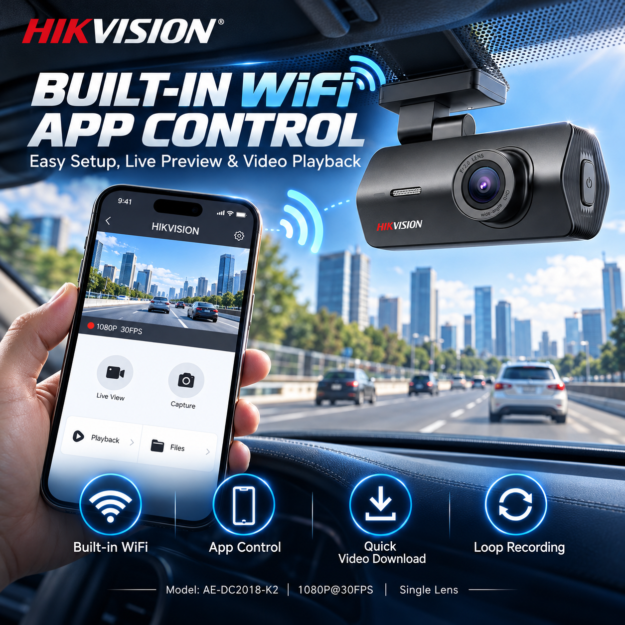 Hikvision No Screen WiFi App Control F2.0 Aperture Loop Recording 1080P 2MP Single Lens Video Dash Cam · image 4