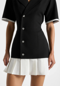 Tailored Cinch Waist Contrast Cuff Short Sleeve Blazer Dress Women Elegant Black White Color Block Pleated Mini <b>Skirt</b> Suit Dress - Product Image 4