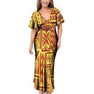 Drop Shipping personalizzato Fiji <span class=keywords><strong>Elei</strong></span> Samoa Tonga Hawaii tribale disegno polinesiano donna elegante abito lungo Casual con cravatta al collo posteriore - Product Image 4