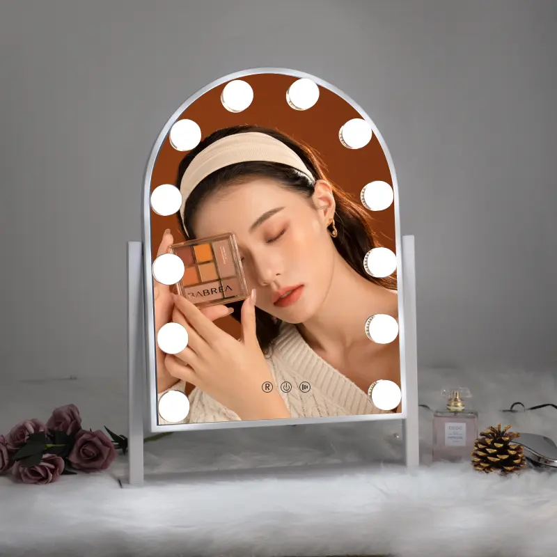 360 Rotatable Framed Cosmetic Beauty Arched Touch Screen Hollywood Desktop Led Vanity Makeup Mirror
