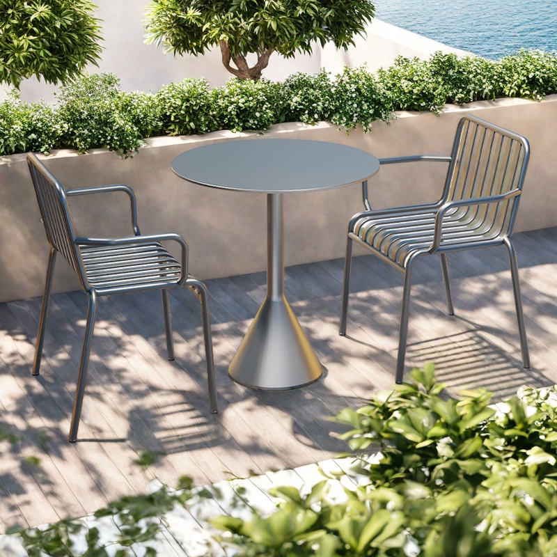 Silver -one table and two chairs - round table (with armrests)