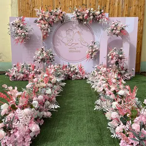 Artificial Pink Flower Runner Customizable Flower Row Arrangement Wedding Foam Strip For Wedding