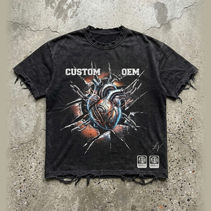 เสื้อยืดผู้ชายสไตล์สตรีทแวร์ทรงโอเวอร์ไซส์ ผ้าฝ้าย 100% พิมพ์ลายดิจิตอลแบบวินเทจ ดีไซน์ขาดๆ แบบดิสเทรส รับผลิตตามแบบ OEM - Product Image 2
